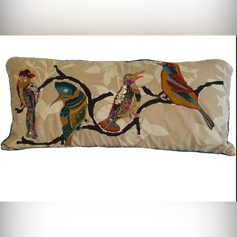 Pier 1 Embroidered Sequins Birds Throw Pillow Zip Closure 13x28 Vibrant EUC